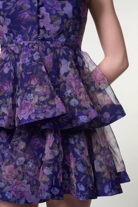 Shop Verano By Tanya Blue Organza, Crepe Mandarin Collar Eden Floral Print Dress Online at Aza Fashions Shop_Verano By Tanya_Blue Organza, Crepe Mandarin Collar Eden Floral Print Dress _Online_at_Aza_Fashions