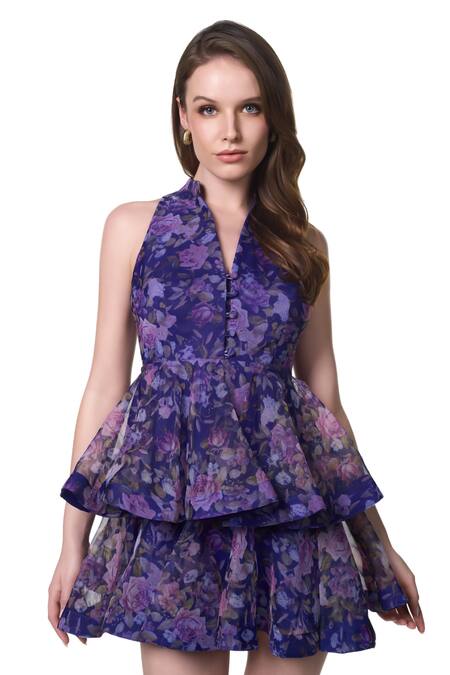 Buy Verano By Tanya Blue Organza, Crepe Mandarin Collar Eden Floral Print Dress Buy_Verano By Tanya_Blue Organza, Crepe Mandarin Collar Eden Floral Print Dress