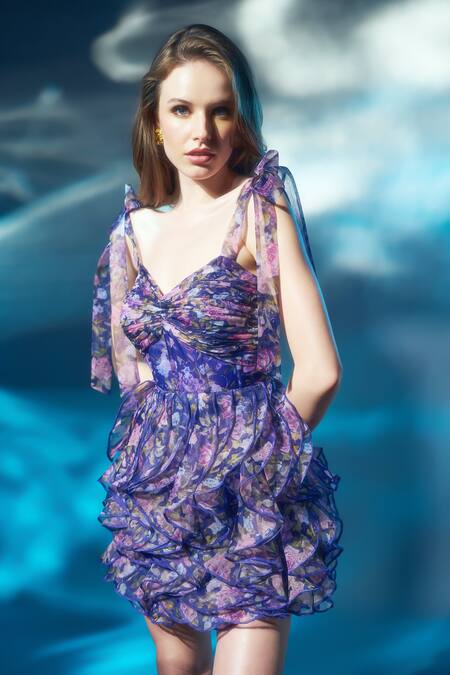 Shop_Verano By Tanya_Blue Crepe, Organza Ruffles Sweetheart Neck Eden Flower Print Dress_Online_at_Aza_Fashions