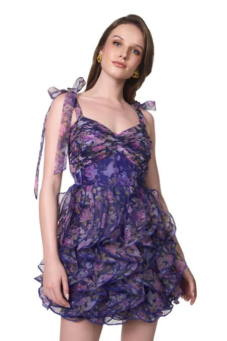Verano By Tanya_Blue Crepe, Organza Ruffles Sweetheart Neck Eden Flower Print Dress_at_Aza_Fashions