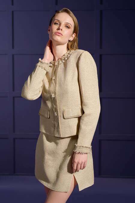 Verano By Tanya_Gold Cotton Pearls Georgia Embellished Blazer _Online_at_Aza_Fashions