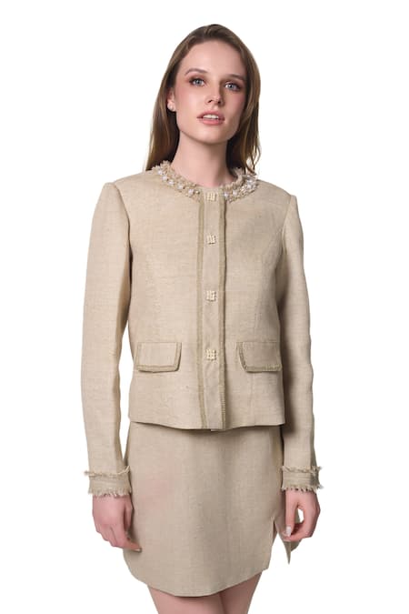 Buy_Verano By Tanya_Gold Cotton Pearls Georgia Embellished Blazer _Online_at_Aza_Fashions