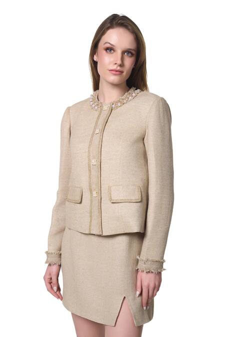 Shop_Verano By Tanya_Gold Cotton Pearls Georgia Embellished Blazer _Online_at_Aza_Fashions