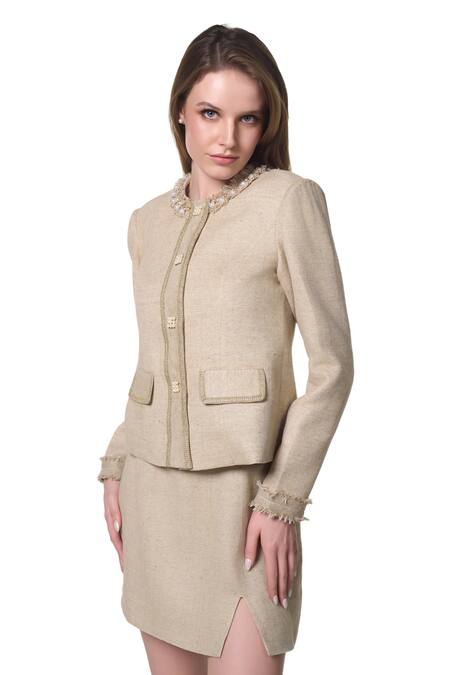 Verano By Tanya_Gold Cotton Pearls Georgia Embellished Blazer _at_Aza_Fashions