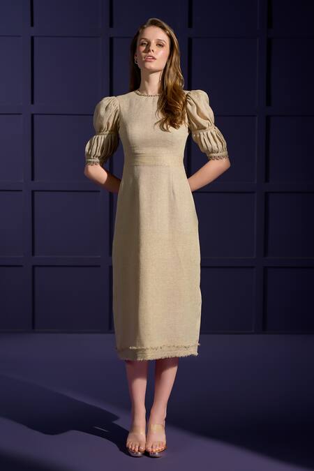 Verano By Tanya_Gold Cotton Embroidery Round Neck Georgia Crystal Embellished Dress _Online_at_Aza_Fashions