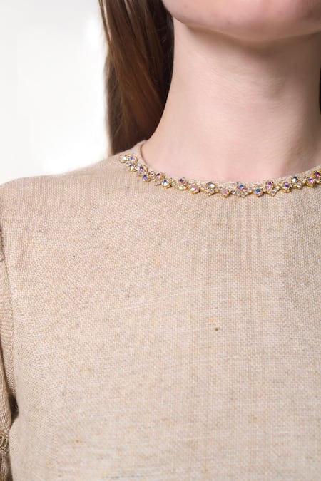 Shop_Verano By Tanya_Gold Cotton Embroidery Round Neck Georgia Crystal Embellished Dress _Online_at_Aza_Fashions