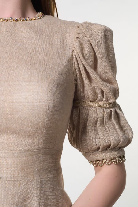 Buy_Verano By Tanya_Gold Cotton Embroidery Round Neck Georgia Crystal Embellished Dress 