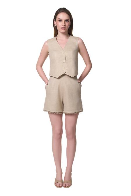 Verano By Tanya_Gold Cotton Lace Georgia High Waist Shorts _Online_at_Aza_Fashions