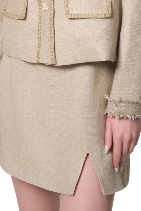 Buy_Verano By Tanya_Gold Shell Cotton Tweed Plain Georgia High Waist Skirt _Online_at_Aza_Fashions