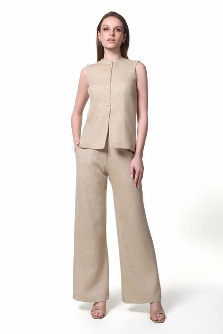 Shop_Verano By Tanya_Gold Shell Cotton Tweed Plain Georgia High Waist Trouser _at_Aza_Fashions