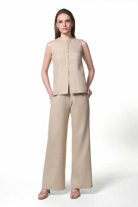 Verano By Tanya_Gold Shell Cotton Tweed Plain Georgia High Waist Trouser _Online_at_Aza_Fashions