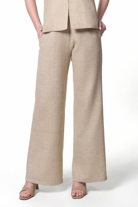 Buy_Verano By Tanya_Gold Shell Cotton Tweed Plain Georgia High Waist Trouser _Online_at_Aza_Fashions