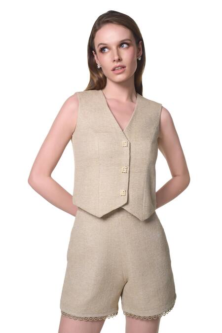 Shop Verano By Tanya Gold Cotton Pearls V-neck Georgia V Vest Online at Aza Fashions Shop_Verano By Tanya_Gold Cotton Pearls V-neck Georgia V Vest _Online_at_Aza_Fashions