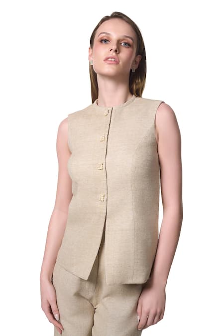 Buy_Verano By Tanya_Gold Cotton Pearls Round Neck Georgia Waistcoat _Online_at_Aza_Fashions