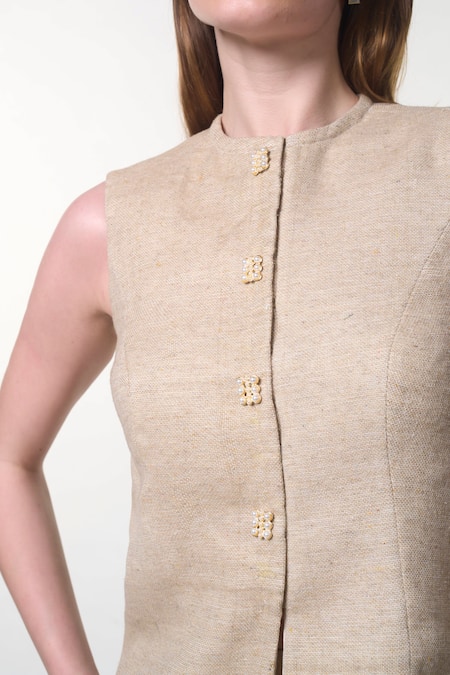 Shop_Verano By Tanya_Gold Cotton Pearls Round Neck Georgia Waistcoat _Online_at_Aza_Fashions