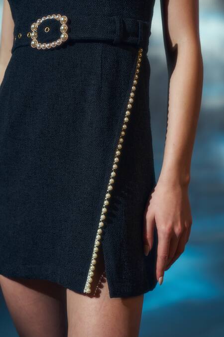 Shop_Verano By Tanya_Black , Satin Pearls Square Neck Lenora Sleeve Embellished Dress _Online_at_Aza_Fashions