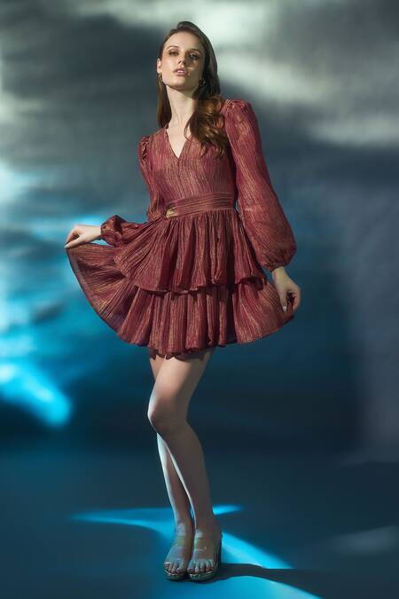 Verano By Tanya_Orange Crepe, Tissue V-neck Lydia Puff Sleeve Dress _Online_at_Aza_Fashions