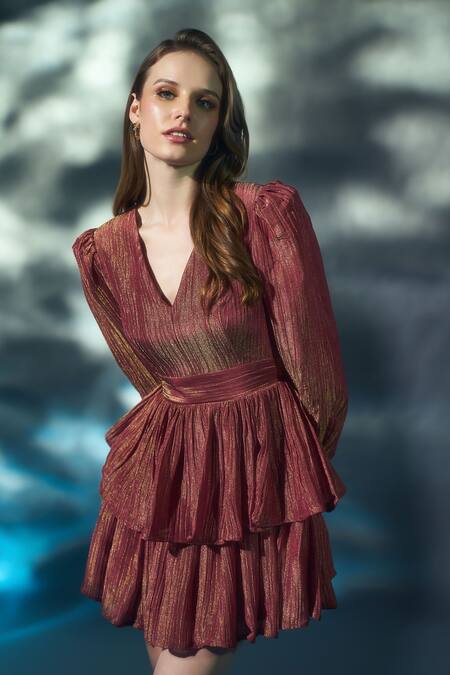 Buy_Verano By Tanya_Orange Crepe, Tissue V-neck Lydia Puff Sleeve Dress _Online_at_Aza_Fashions