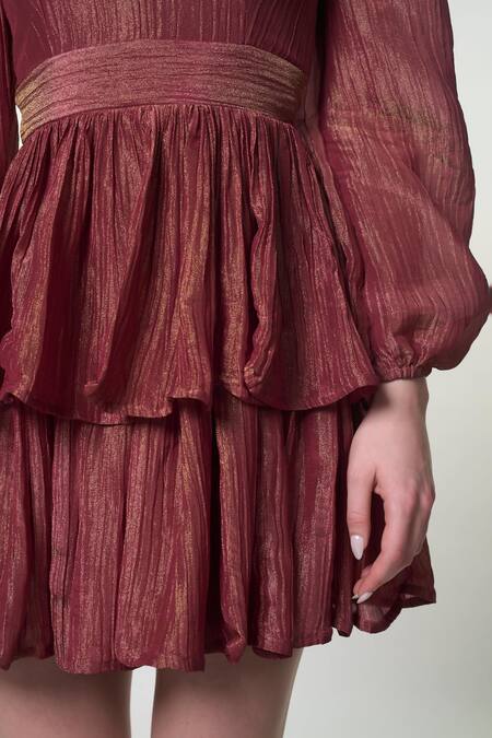 Verano By Tanya_Orange Crepe, Tissue V-neck Lydia Puff Sleeve Dress _at_Aza_Fashions