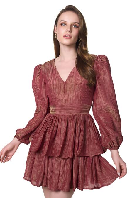 Buy_Verano By Tanya_Orange Crepe, Tissue V-neck Lydia Puff Sleeve Dress 