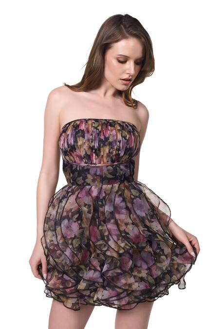 Shop_Verano By Tanya_Black Organza, Crepe Beads Bandeau Neck Naomi Floral Print Dress_Online_at_Aza_Fashions