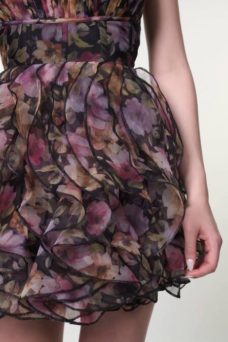 Verano By Tanya_Black Organza, Crepe Beads Bandeau Neck Naomi Floral Print Dress_at_Aza_Fashions
