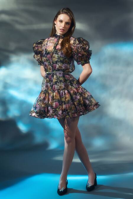 Verano By Tanya Black Organza Crystals Mandarin Collar Naomi Floral Print Ruffle Dress Online at Aza Fashions Verano By Tanya_Black Organza Crystals Mandarin Collar Naomi Floral Print Ruffle Dress _Online_at_Aza_Fashions