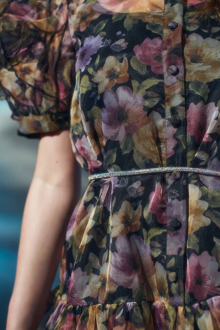Verano By Tanya Black Organza Crystals Mandarin Collar Naomi Floral Print Ruffle Dress at Aza Fashions Verano By Tanya_Black Organza Crystals Mandarin Collar Naomi Floral Print Ruffle Dress _at_Aza_Fashions