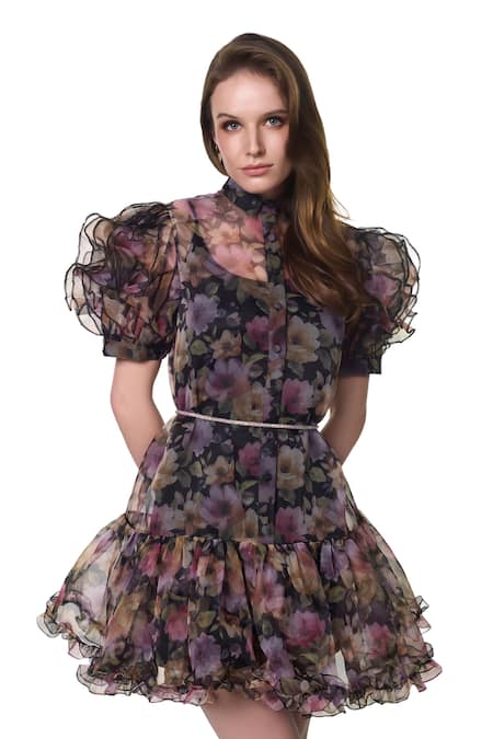 Shop Verano By Tanya Black Organza Crystals Mandarin Collar Naomi Floral Print Ruffle Dress Shop_Verano By Tanya_Black Organza Crystals Mandarin Collar Naomi Floral Print Ruffle Dress