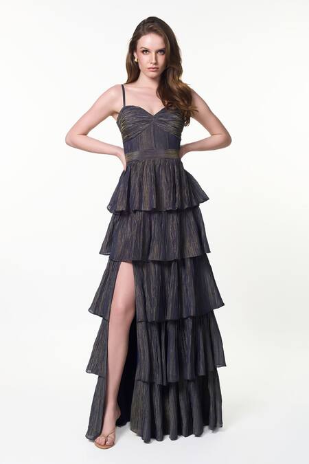 Verano By Tanya_Blue Crepe, Tissue Sweetheart Neck Pheobe Dress _at_Aza_Fashions