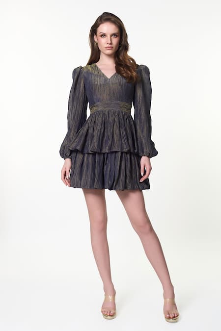 Shop Verano By Tanya Blue Crepe, Tissue V-neck Pheobe V Dress Online at Aza Fashions Shop_Verano By Tanya_Blue Crepe, Tissue V-neck Pheobe V Dress _Online_at_Aza_Fashions