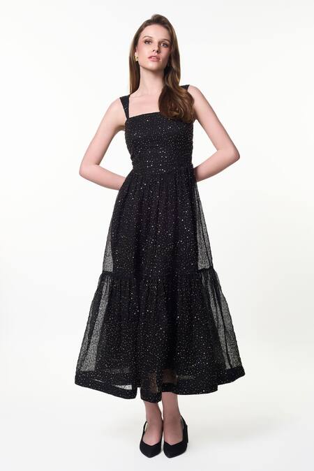 Verano By Tanya Black Organza, Crepe Sequins Square Neck Scarlet Work Dress at Aza Fashions Verano By Tanya_Black Organza, Crepe Sequins Square Neck Scarlet Work Dress _at_Aza_Fashions