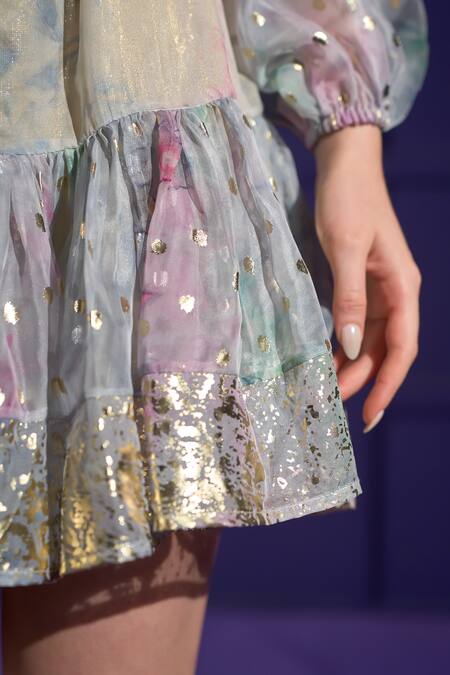 Buy_Verano By Tanya_Multi Color Organza, Cotton High Neck Skylar Polka Dot Pattern Dress _Online_at_Aza_Fashions