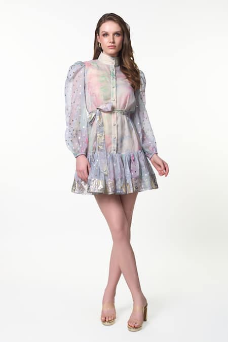 Shop_Verano By Tanya_Multi Color Organza, Cotton High Neck Skylar Polka Dot Pattern Dress _Online_at_Aza_Fashions