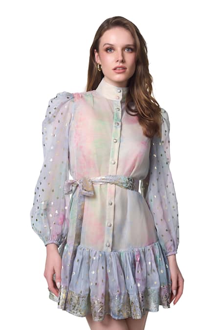 Buy_Verano By Tanya_Multi Color Organza, Cotton High Neck Skylar Polka Dot Pattern Dress 