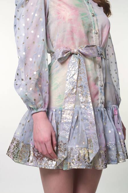 Shop_Verano By Tanya_Multi Color Organza, Cotton High Neck Skylar Polka Dot Pattern Dress 