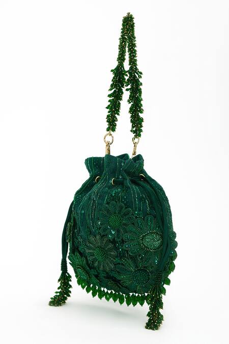 Doux Amour Green Sequin Emma And Cutdana Bloom Embroidered Potli Bag Online at Aza Fashions Doux Amour_Green Sequin Emma And Cutdana Bloom Embroidered Potli Bag _Online_at_Aza_Fashions