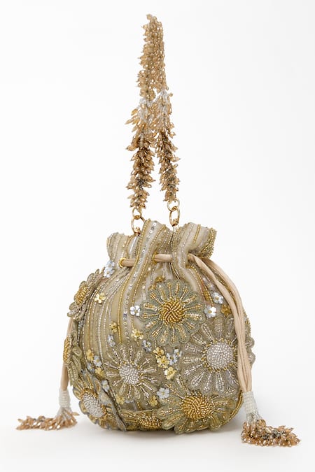Doux Amour_Gold Cut Work, Sequins, Beads Emma And Cutdana Blossom Embroidered Potli Bag _Online_at_Aza_Fashions