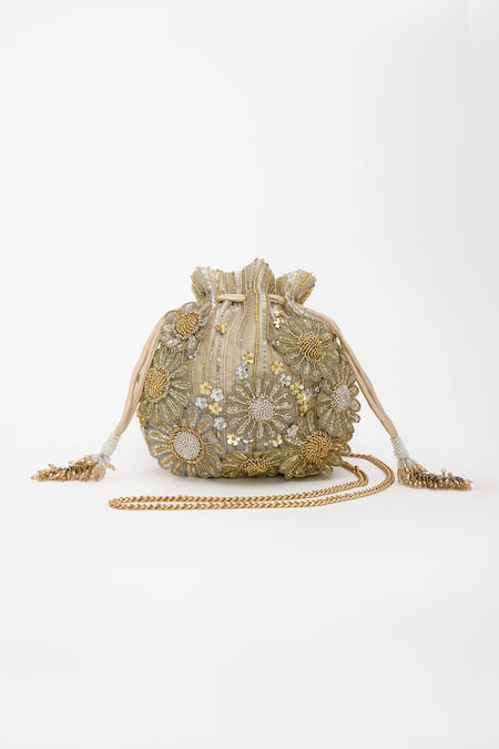 Buy_Doux Amour_Gold Cut Work, Sequins, Beads Emma And Cutdana Blossom Embroidered Potli Bag _Online_at_Aza_Fashions