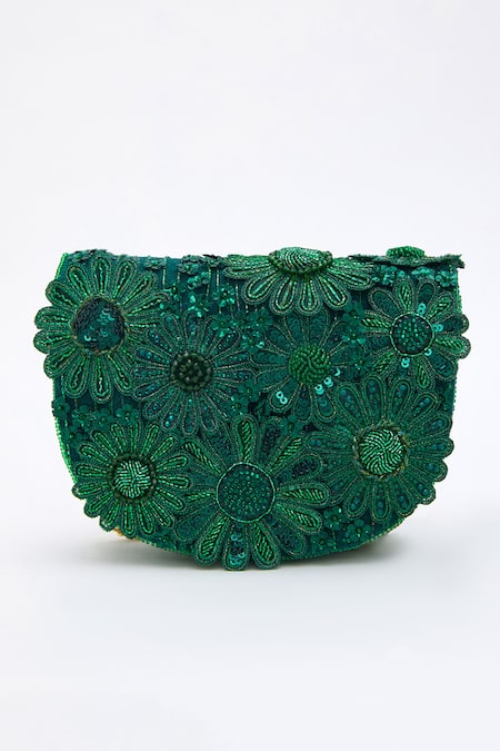 Doux Amour_Green Sequin Fiona And Cutdana Bloom Embroidered Clutch Bag _Online_at_Aza_Fashions
