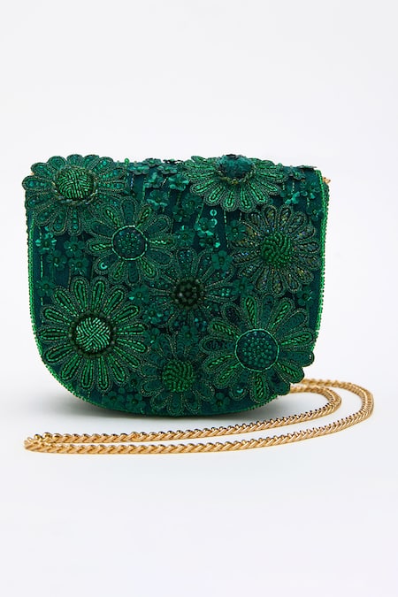 Doux Amour_Green Cut Work, Sequins, Beads Fiona And Cutdana Embroidered Mini Bag _Online_at_Aza_Fashions
