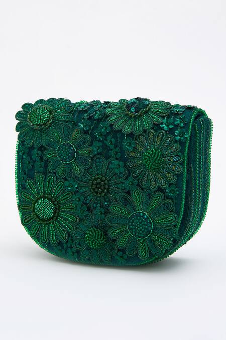 Shop_Doux Amour_Green Cut Work, Sequins, Beads Fiona And Cutdana Embroidered Mini Bag _Online_at_Aza_Fashions