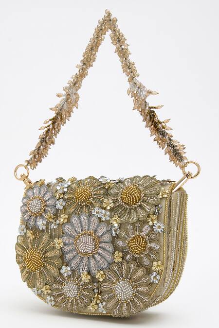 Doux Amour Gold Cut Work, Sequins, Beads Fiona And Cutdana Flora Embroidered Mini Bag Online at Aza Fashions Doux Amour_Gold Cut Work, Sequins, Beads Fiona And Cutdana Flora Embroidered Mini Bag _Online_at_Aza_Fashions