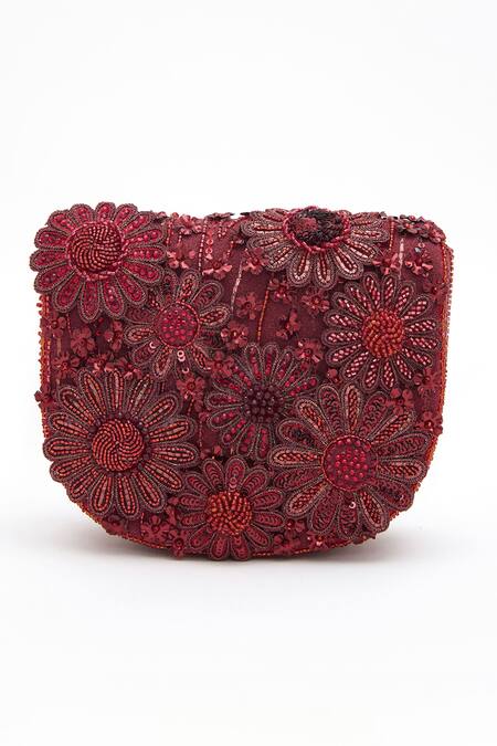 Shop_Doux Amour_Red Sequin Fiona And Cutdana Floral Embroidered Mini Bag _Online_at_Aza_Fashions