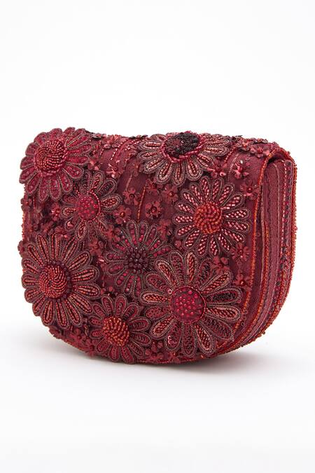 Doux Amour_Red Sequin Fiona And Cutdana Floral Embroidered Mini Bag _at_Aza_Fashions