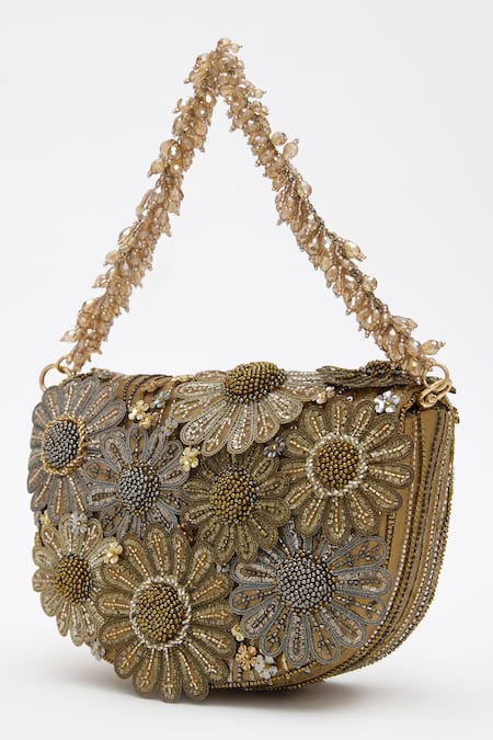 Doux Amour_Gold Cut Work, Sequins, Beads Fiona And Cutdana Floret Embroidered Bag _Online_at_Aza_Fashions