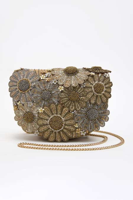 Buy_Doux Amour_Gold Cut Work, Sequins, Beads Fiona And Cutdana Floret Embroidered Bag _Online_at_Aza_Fashions