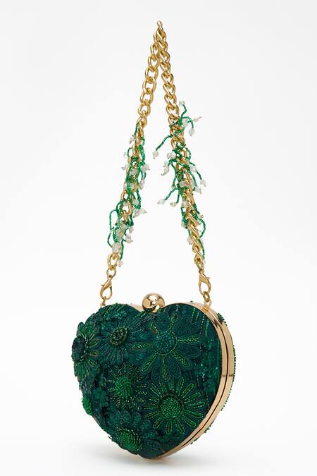 Doux Amour_Green Sequin Zoe Bloom Embellished Heart Shaped Clutch Bag _Online_at_Aza_Fashions