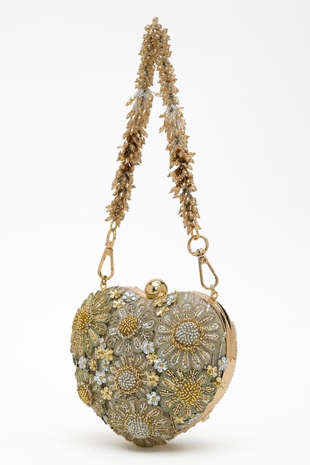 Doux Amour_Gold Sequin Zoe Blossom Embellished Heart Shaped Clutch Bag _Online_at_Aza_Fashions