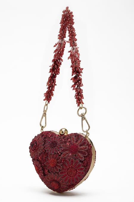 Doux Amour_Red Sequin Zoe Fiore Embellished Heart Shaped Clutch Bag _Online_at_Aza_Fashions